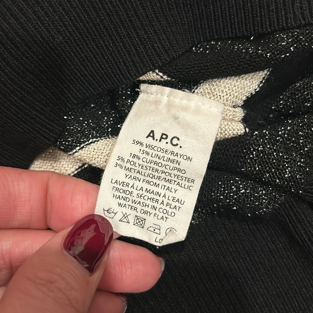 A.P.C Black & Cream Sparkle Striped Crew Neck Long Sleeve Sweater Size Large - Picture 2 of 5